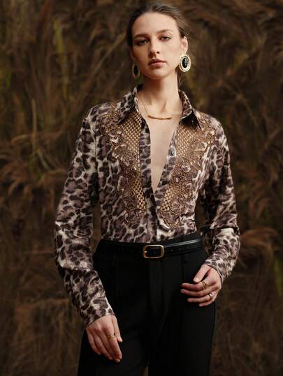 EMERY ROSE 女士宽松花卉刺绣网眼镂空设计雪纺衬衫，休闲日常穿着