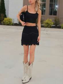 Sydney Algeri 女式复古嬉皮铆钉流苏黑色绒面革 A 字裙，秋季裙子，纳什维尔服装，海盗裙 - 黑色 - 查看 4