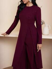 Veilorie 女士纯色圆领常规肩长袖优雅阿拉伯风格服装 - 酒紅色 - 查看 6