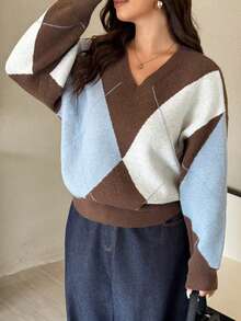 Dazy Plus Fashionable Color Block V-Neck Diamond Pattern Loose Plus Size Pullover Sweater For Women, Autumn/Winter - Chocolate Brown - View 1