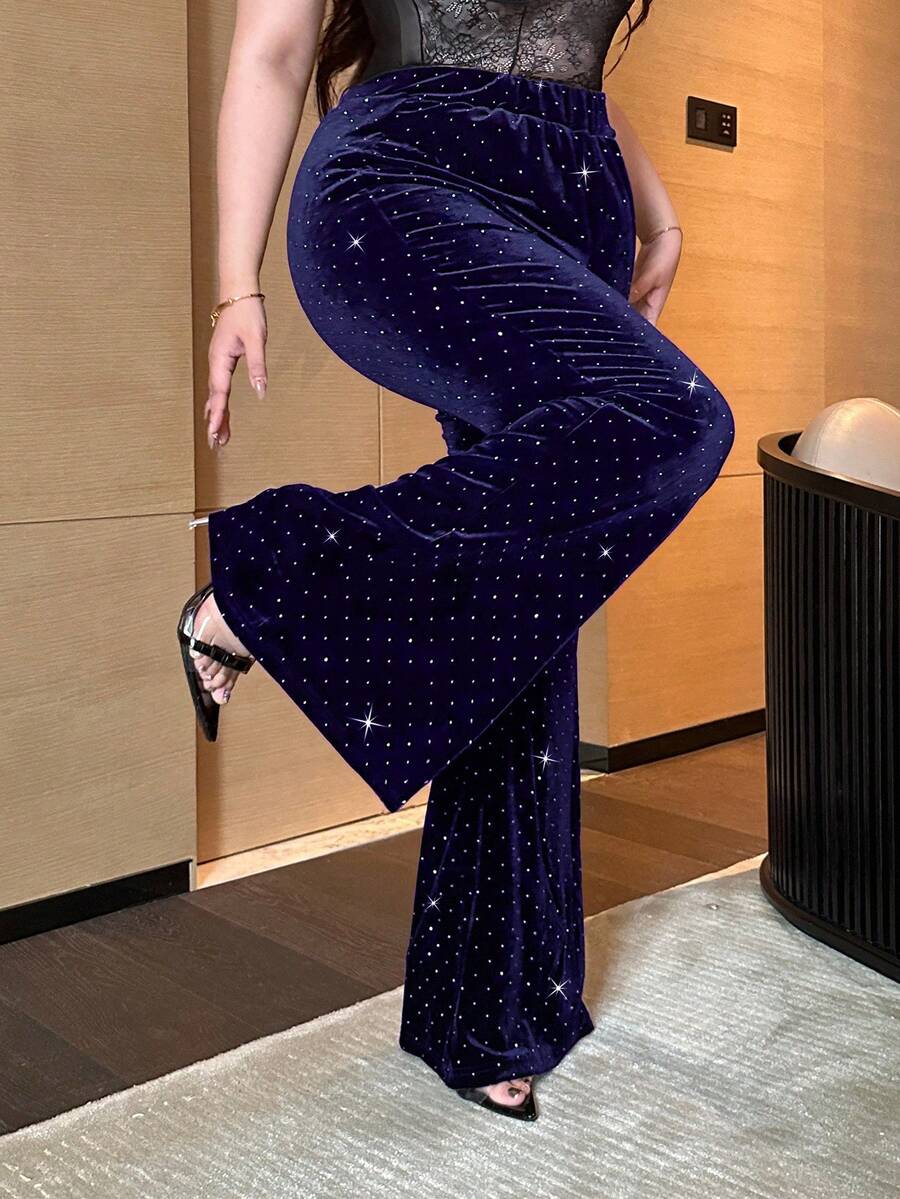 Flirla Pantalones de pierna acampanada con ajuste ceñido y adornos de strass negros para tallas grandes - Azul Marino - Ver 1
