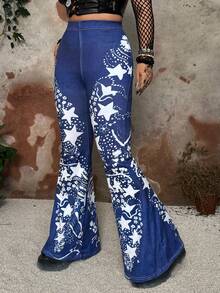 Whyspr Fall Autumn And Winter Retro Romantic Floral Print Slim Fit Flare Pants - Blue - View 2