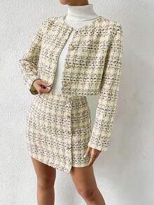 SHEIN Clasi Bộ 2 món áo dài tay và chân váy kẻ caro tối giản thường ngày dành cho nữ - Nhiều màu - Xem 5