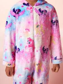 My Little Pony X SHEIN Bộ đồ ngủ liền thân vải nỉ dài tay có khóa kéo họa tiết hoạt hình nhuộm loang màu cho bé gái - Nhiều màu - Xem 3