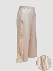 SHEIN MOD 大码女式香槟色撞色蕾丝优雅直筒裤，适合正式场合 - 奶油色 - 查看 4