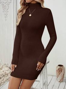SHEIN Clasi 新款欧美风休闲时尚舒适修身针织女式套头毛衣裙，加厚保暖内衬，秋冬款 - 棕色 - 查看 5