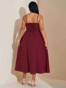 SHEIN Tall CURVE Plus Size Elegant Women Burgundy Summer Wedding Dress,Long Flowy Spaghetti Strap Corset Midi Dress,Solid Color Nightclubs Party Fall Season Outfits - Red - View 2
