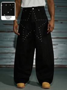 PAVTROS Men's Autumn Street-Style Washed Black Straight-Leg Jeans With Five-Star Rivets - Black - View 6