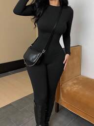 INAWLY Solva Women's Solid Color Crew Neck Long Sleeve Skinny Jumpsuit Fall Cloth For Women