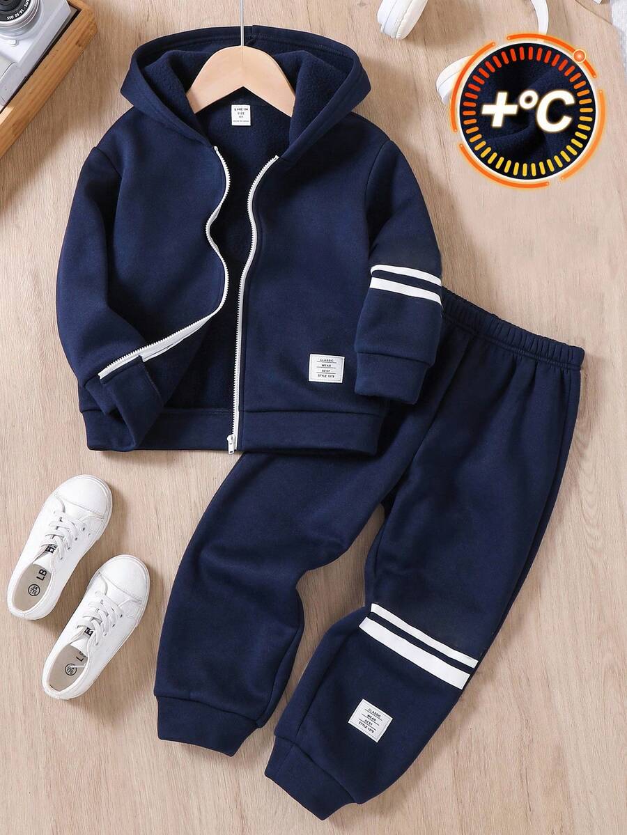 青少年男孩字母图案拉链连帽衫和慢跑裤套装，秋冬休闲装 - 藏蓝色 - 查看 1