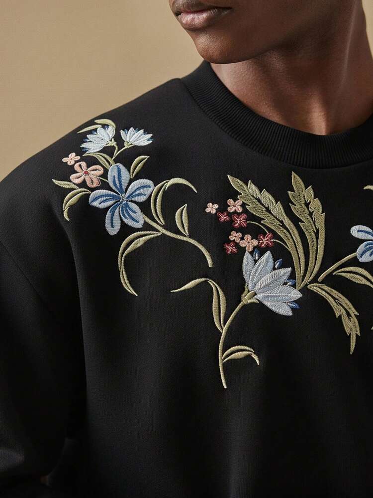 メンズ フローラル刺繍 ルーズフィット クルーネック 長袖 プルオーバースウェットシャツ、秋冬