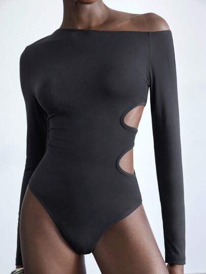 Maija Svart dambody i högt stretchtyg, iögonfallande asymmetrisk axeldesign med urholkad midja, lämplig för stadspendling, business, casual, bröllopsgäster, jul, nyårsfester