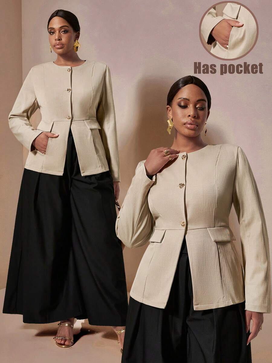 EMERY ROSE Chaqueta blazer de manga larga con ajuste ceñido, decoración de hebilla de metal dorado vintage, elegante y versátil para uso diario en tallas grandes para mujeres - Caqui - Ver 1