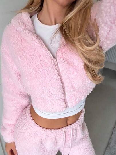 CovetEZ Moletom curto com capuz rosa casual feminino