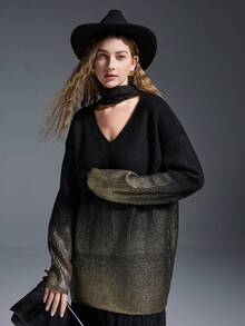 MYSTAURA Sweater Rajut Ombre Modis untuk Wanita, Cocok untuk Beraktivitas Sehari-hari, Musim Gugur/Dingin - Hitam - View 7