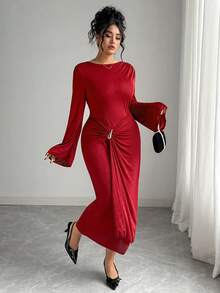 Elenzga Christmas Plus Size Autumn/Winter Knit Round Neck Cinched Waist Ruched Long Sleeve Mermaid Maxi Dress Burgundy Dress Red Long Sleeve Dress Red Curve Dress Ruched Dress Twist Front Dress Red Midi Dress Long Sleeve Elegant Dress Curve Elegant Dress Ruched Midi Dress Red Elegant Dress For Women Chinese New Year New Year Valentine's Day Christmas - Burgundy - View 7