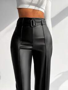 Firerie Women Minimalist Straight PU Leather Tights, Casual Daily Wear