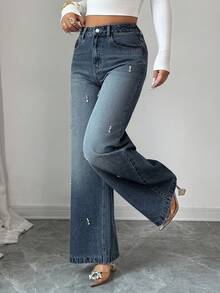 DAZY 女士休闲水洗水钻装饰阔腿牛仔裤，秋季款