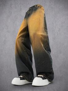 Manfinity Denimwave Men's Loose Fit Contrast Color Wide Leg Jeans Loose Wide Leg Vintage Washed COUPLE Blue Street Distressed Jeans For Y2K Japanese Pants Baggy Jeans Streetwear - Yellow - View 3