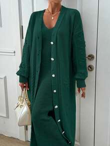 EURMUSE Ponpon And Stone Button Detail Maxi Long Cardigan