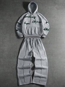 PAVTROS Men's Letter Flocking Hoodie And Sweatpants Set, Winter - Grey - View 1