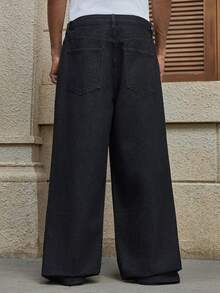 AXEPEAK Jeans casuales de pierna ancha y bolsillo con estampado de llamas para hombres - Negro - Ver 4