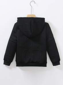 SHEIN Genkimix Kids 男童休闲几何花卉恐龙刺绣连帽拉链抓绒卫衣，舒适简约，秋冬款 - 黑色 - 查看 2