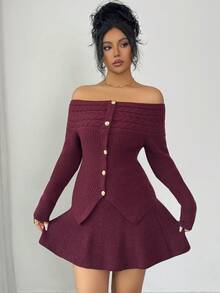 Rafferiza 两件套女士优雅纯色露肩毛衣和针织裙套装 - 玫瑰紅 - 查看 6