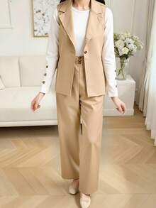 3 件套青少年女孩通勤优雅装：黑色无袖西装外套、白色 T 恤、黑色裤子