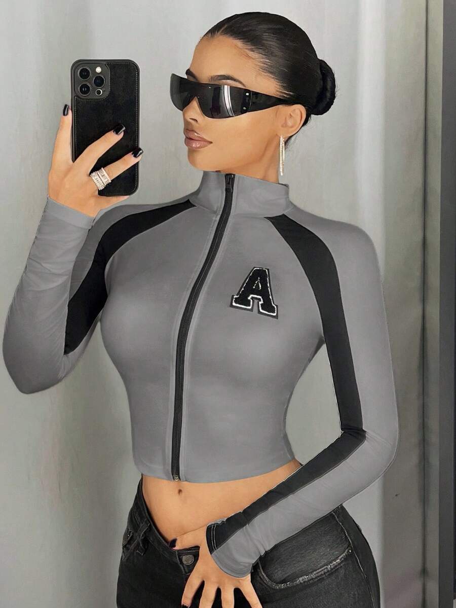 SHEIN ICON 女士高领撞色装饰修身T恤 - 灰色 - 查看 1