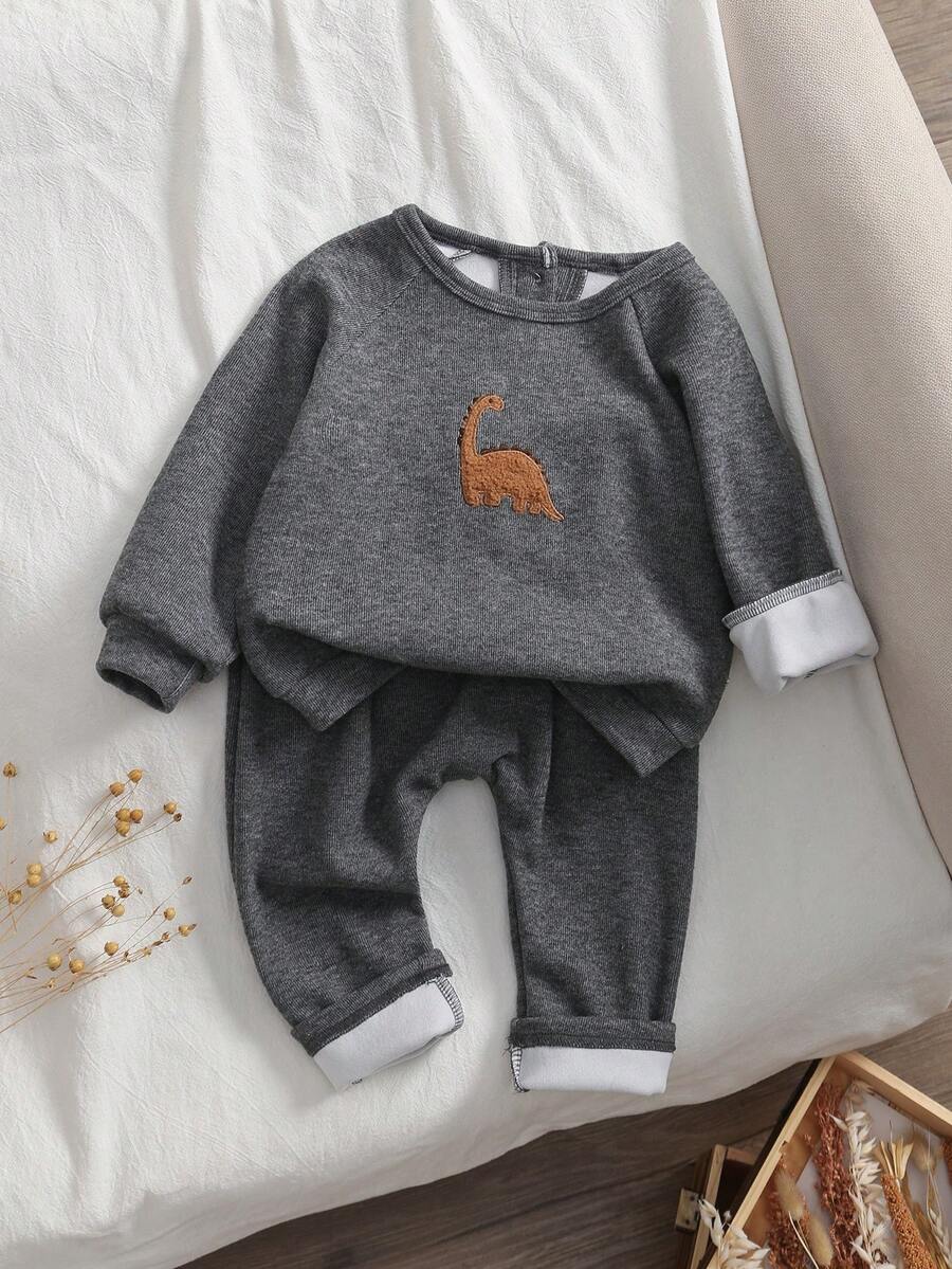 2 件套婴儿/男婴恐龙刺绣休闲圆领长袖上衣和裤子睡衣套装，秋冬 - 深灰色 - 查看 1