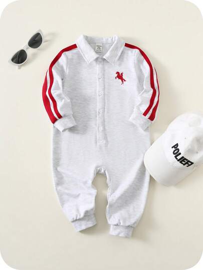 SHEIN Newborn Baby Boy Grey Cute Knitted Printed Red Ribbon Pattern Lapel Romper
