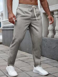 Manfinity Homme Men's Solid Color Drawstring Waist Pocket Tapered Casual Pants, Versatile, Fall - Grey - View 4