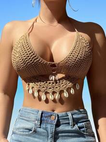 Swim Vcay Women's Vacation Beach Shell Decorated Backless Halter Cover Up Top,Summer Beach - Khaki - View 1