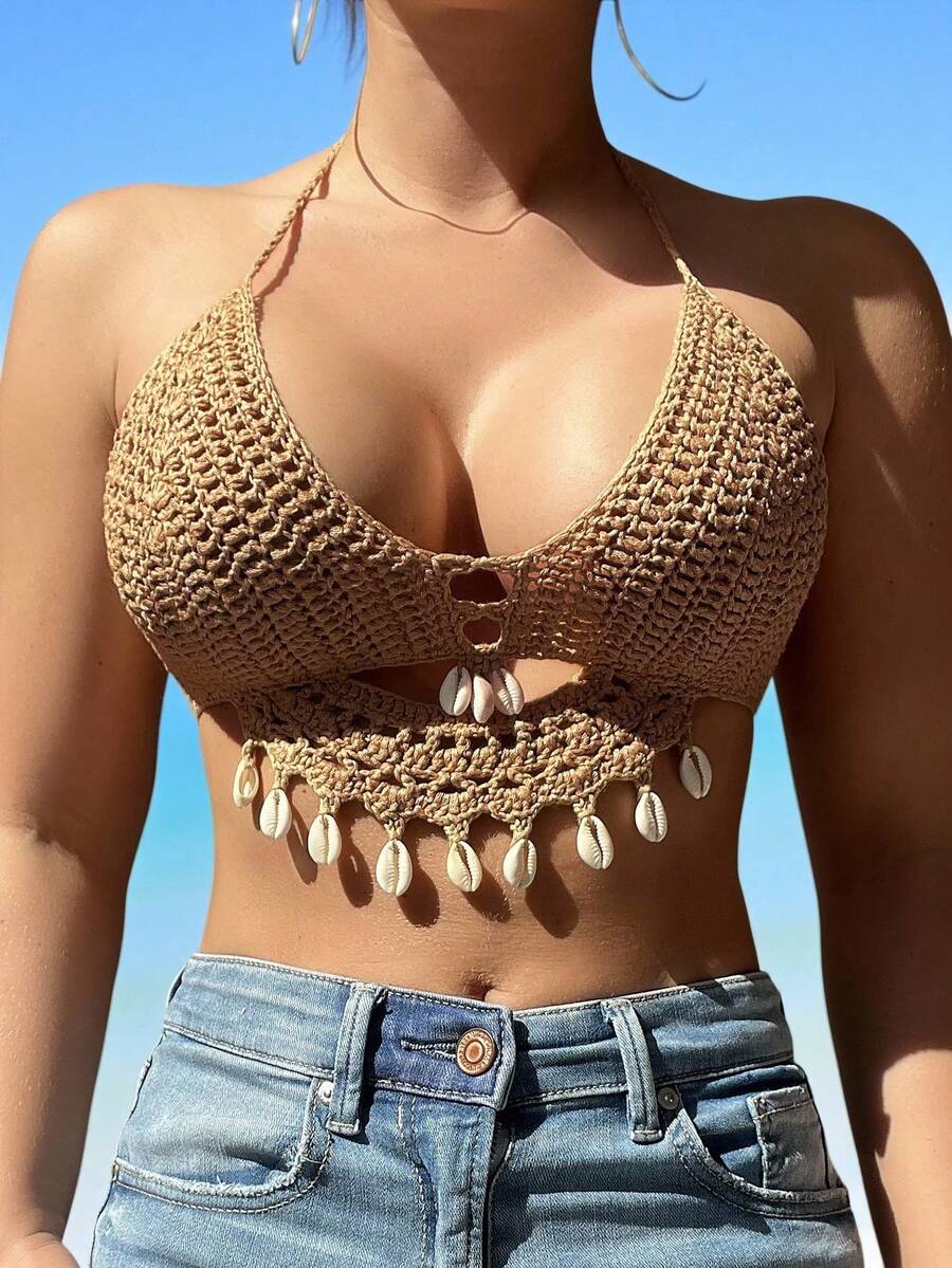 Swim Vcay Women's Vacation Beach Shell Decorated Backless Halter Cover Up Top,Summer Beach - Khaki - View 1