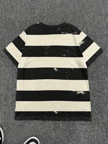 Manfinity Dauomo Herren Streetstyle gestreiftes Kontrast Muster T-Shirt, Rundhals Kurzarm Lässig bequemes T-Shirt, geeignet für täglichen Straßenmode-Look - Schwarz - Übersicht 2