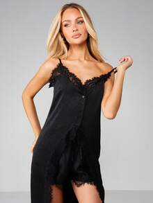 MISSGUIDED Button Front Satin Lace Trim Camisole Top High Low Hem Sleeveless Blouse Evening Party Night - Black - View 4