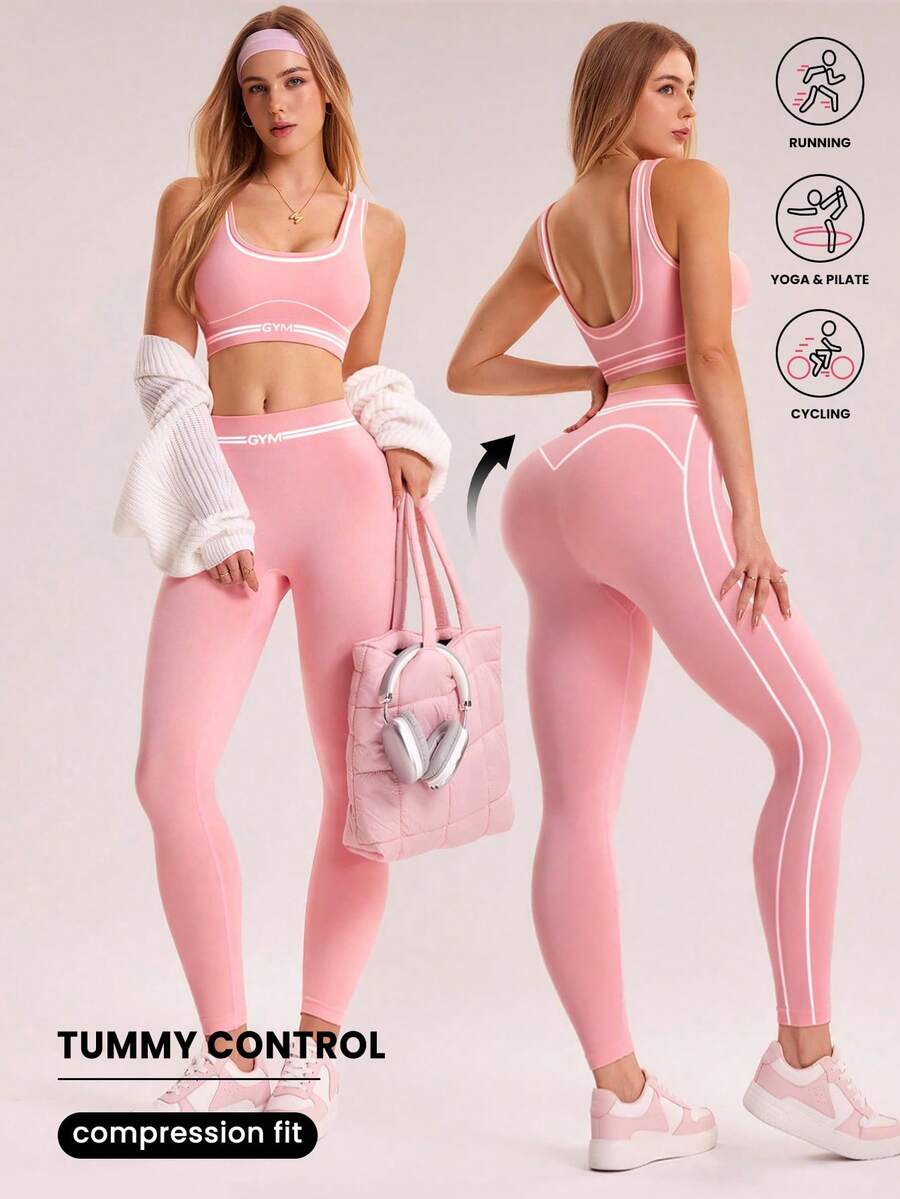 Sovereign Charm Bộ đồ thể thao liền mạch áo ba lỗ crop top và quần legging kẻ sọc cho nữ - Hồng - Xem 1