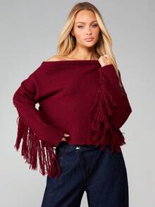 MISSGUIDED 女士酒红色露肩粗针织毛衣，带流苏长袖宽松秋冬套头衫，圣诞节 - 酒紅色 - 查看 1