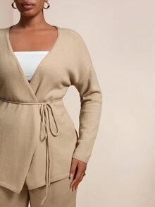 EMERY ROSE 大码女式纯色针织开衫配腰带，秋冬毛衣套装适合圣诞节、万圣节、返校、度假、办公室、休闲 - 卡其色 - 查看 6