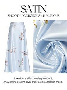 SHEIN Unity 大码女式梭织缎花卉印花 A 字高腰中长裙，优雅修身高端浪漫感觉 - 灰色 - 查看 4