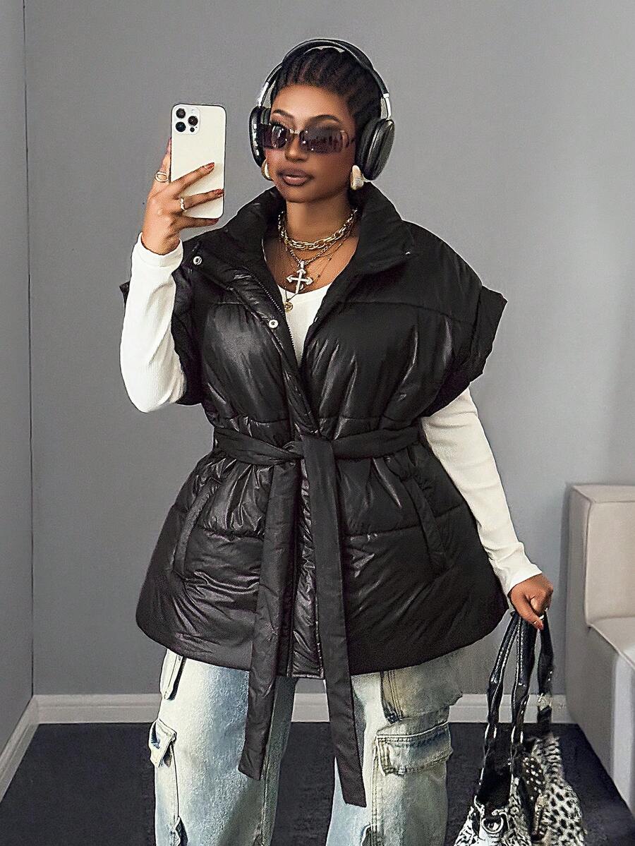 Maweii Abrigo acolchado con cuello alto, cremallera y cinturón para mujer talla grande, adecuado para exteriores, temporada de nieve y uso diario - Negro - Ver 1