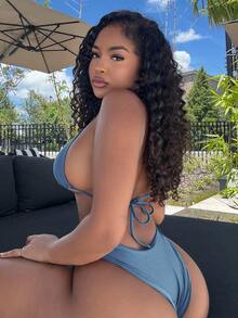 Alexandranx 女式夏季海滩纯色露背系带性感比基尼两件套泳衣 - 霧霾藍 - 查看 2