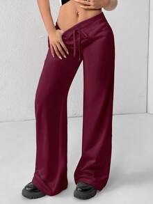 SHEIN PETITE Comfortable And Casual Plain Knitted Low-Rise Wide-Leg Women's Sweatpants Comfy Pants Lounge Pants - Burgundy - View 3