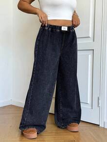 SHEIN EZwear 大码宽松松紧腰阔腿牛仔裤，黑色 - 深色水洗藍 - 查看 4