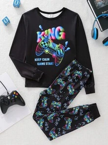 Tween Boy Black Base Minimalist Blue Print Long SleeveSnug Fitg Loungewear Set Gamer Boys Jogger Sets Boys Night Clothes - Multicolor - View 3