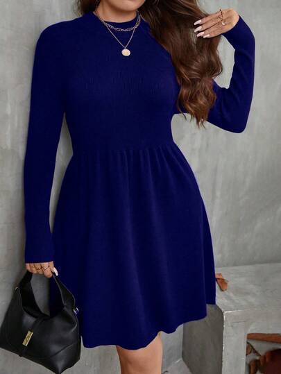 SHEIN LUNE Vestido de suéter de manga larga de unicolor minimalista de talla grande, para uso diario