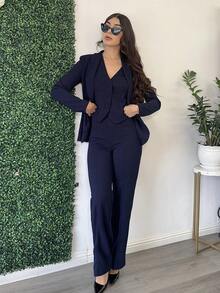 Andrea Bello 3 件套：深蓝色长袖西装外套、背心和裤子，性感通勤和约会装，秋冬 - 藏蓝色 - 查看 1