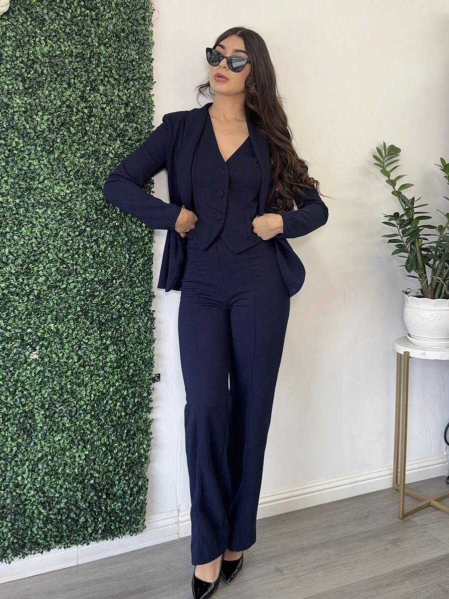 Andrea Bello 3 件套：深蓝色长袖西装外套、背心和裤子，性感通勤和约会装，秋冬 - 藏蓝色 - 查看 1