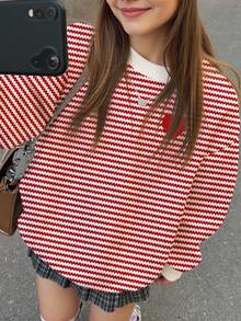 SHEIN Leap Crew 少女酒红色条纹极简闪亮爱心图案长袖圆领卫衣，舒适柔软厚实，适合秋冬季节、休闲、假日、圣诞节、新年、情人节等场合，温暖舒适，秋冬季轻松叠穿，时尚休闲，条纹图案，秋冬季必备单品 - 彩色 - 查看 6